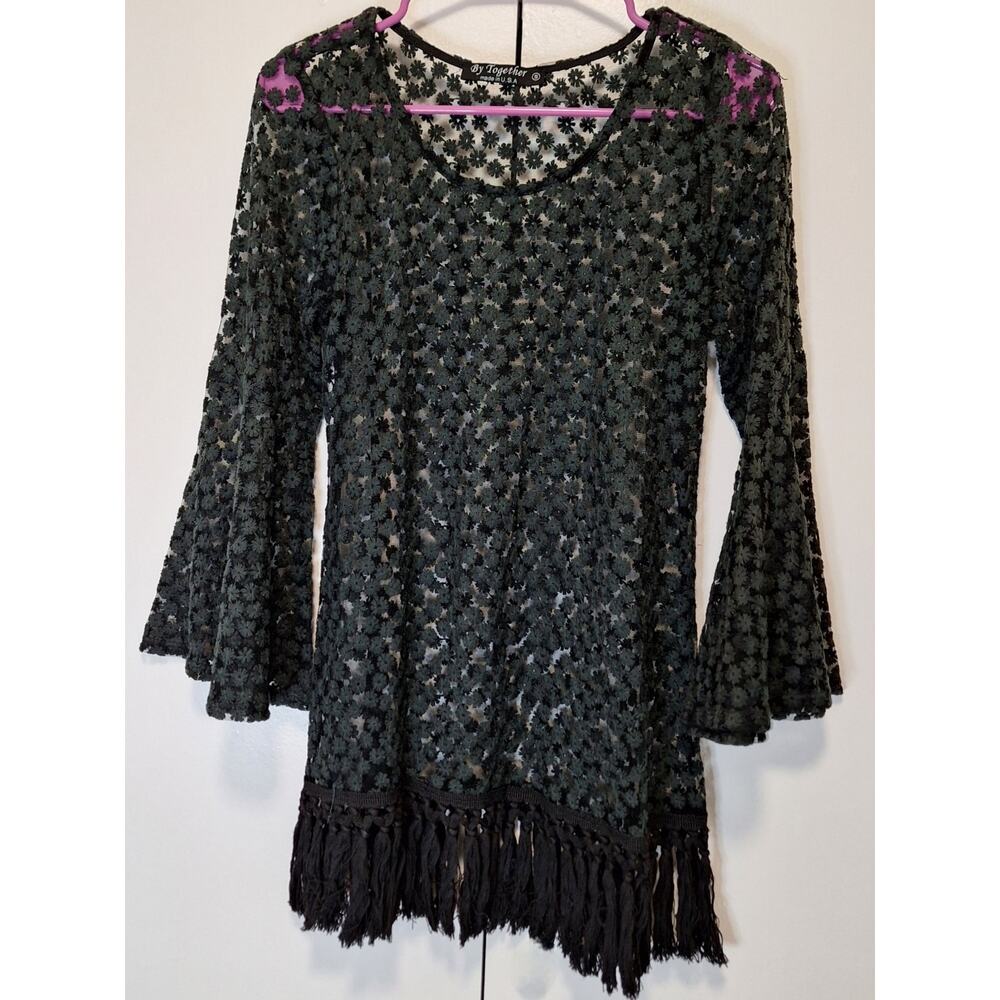 By Together Floral Mesh Fringe Hem Dress w Bell Sleeves Womens Size Small